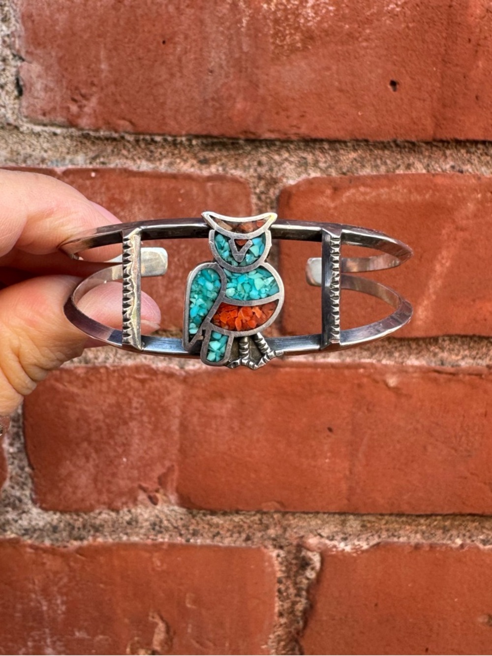 Native Made, Crushed Turquoise & Coral Owl Cuff Bracelet